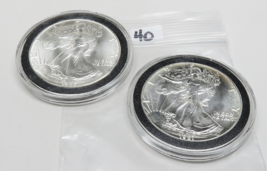 2 Silver American Eagles Unc-BU in plastic holders: 1986, 1987