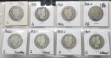 8 Barber Half $: 1899 G,, 99-O G, 02 Fair, 02-O AG, 02S G scrs, 03-O G cleaned, 03S G, 04 G clea