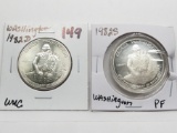 2 George Washington Silver Commemorative Half $: 1982D Unc, 1982S PF