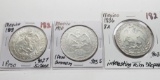 3 Silver Mexico, .927-.903: 8 Reale 1836 interesting rim ?repair, 1 Peso 1908, 1 Peso Commem 1910