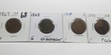 4 Two Cent Pieces: 1867 G+, 68 G corr, 69 G, 70 F ?color