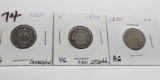 3 Shield Nickels: 1869 G corrosion, 1870 VG obv scratch, 1872 AG