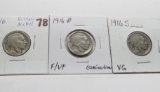 3 Buffalo Nickels: 1916 VG, 1916D F/VF lamination, 1916S VG