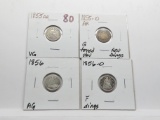 4 Seated Liberty Half Dimes: 1855 AR VG, 55-O AR G toned obv rev dings, 56 AG, 56-O F dings