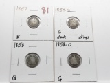 4 Seated Liberty Half Dimes: 1857 F, 57-O G dark dings, 58 G, 58-O G