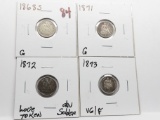 4 Seated Liberty Half Dimes: 1868S G, 71 G, 72 Love Token obv solder, 73 VG/F