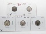 5 Type Dimes: Seated Liberty 1888 dark, Barber 1909 VG, Mercury 1944D EF, 2 Roosevelt (Silver 1949D