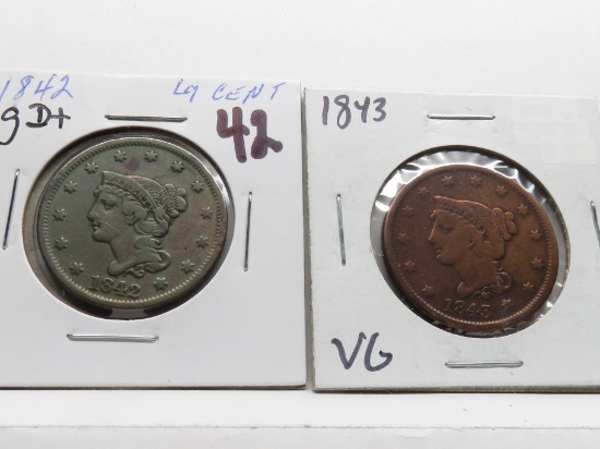 2 Large Cents: 1842 Lg Dt Fine, 1843 VG