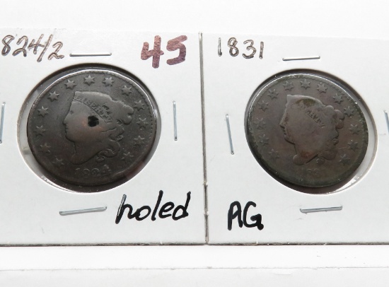 2 Matron Head Large Cents: 1824/2 holed, 1831 AG