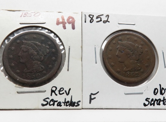 2 Braided Hair Large Cents: 1850 F rev scratches, 1852 F obv scratches