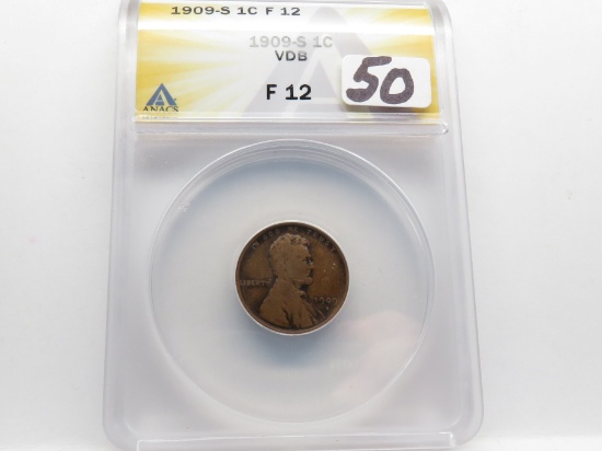 Lincoln Cent 1909S VDB ANACS F12, Key Date