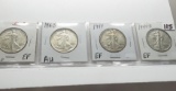 4 Walking Liberty Half $: 1941D EF, 1943 AU, 1944 EF, 1944D EF