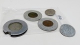 5 Tokens: interesting metal round contains 1964 Jefferson Nickel; 2-1953D Restaurant 