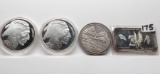 4-1 oz .999 Silver: 2 Indian/Buffalo Rounds (2002, 2003); Swiss of America Round; 1981 Wymore NE Cen