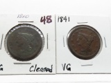 2 Braided Hair Large Cents: 1840 AG cleaned, 1841 VG