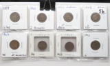 8 Indian Cents: 1859 G/AG, 60 G corr, 61 G, 62 VG, 63 VG lt corr, 64 AG, 65 AG/G, 66 G