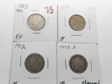 4 Liberty V Nickels: 1883 No Cents EF, 1910 EF, 1912 F, 1912D VF cleaned