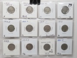 12 Buffalo Nickels: 1913 Var 1 F, 13D Var 1 AG-G, 13 Var 2 VG, 16 VG, 16D G, 16S G, 17 G rev scrs, 1