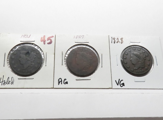 3 Large Cents: 1821 holed, 1827 AG, 1828 VG