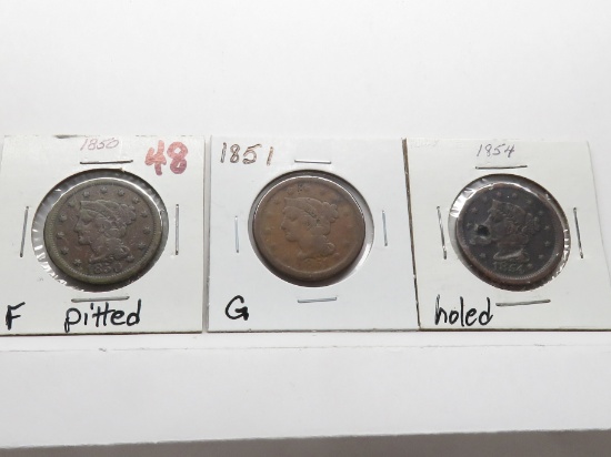 3 Large Cents: 1850 F pitted, 1851 G, 1854 holed