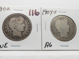 2 Barber Half $, better dates: 1902 Fine, 1904S AG