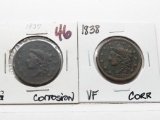 2 Large Cents: 1837 G corrosion, 1838 VF corr