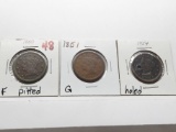 3 Large Cents: 1850 F pitted, 1851 G, 1854 holed