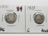 2 Silver Dimes: Capped Bust 1831 G/AG; Seated Liberty 1873 Good residue