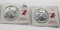 2 Unc Silver American Eagles plastic holders: 1988 light toning, 1989