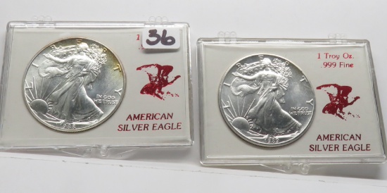 2 Unc Silver American Eagles plastic holders: 1988 light toning, 1989