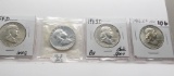 4 Franklin Half $: 1954D Unc, 1962 Unc, 2-1963D BU, AU