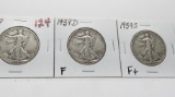 3 Walking Liberty Half $: 1939 F, 1939D F, 1939S F+