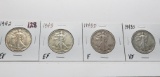 4 Walking Liberty Half $: 1942 EF, 1943 EF, 1943D F, 1943S VF