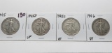 4 Walking Liberty Half $: 1945 F, 1945D VF, 1945S VF, 1946 VF