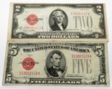 2 USN Type Notes: $2-1928G, Fine w/ink; $5 1928F Fine