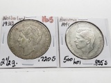 2 World Silver Coins: 1933 Netherland 2 1/2 Guilder .720 S; 1941 Romania 500 Lei .835 S