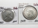 2 New Zealand .500 Silver: 1933 Half Crown, 1949 Crown