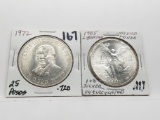 2 Silver Mexican Coins: 25 Pesos 1972 (.720S); 1 ox Libertad 1985 Unc (.999)