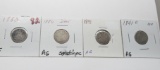 4 Seated Liberty Dimes: 1883 F, 1886 AG scratches, 1891 AG, 1891-O AG