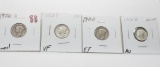 4 Mercury Dimes: 1926S G, 1937 VF, 1941D EF, 1944D AU