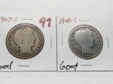 2 Barber Half $: 1907S G, 1908S G