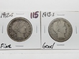 2 Barber Half $: 1912S F, 1913S G