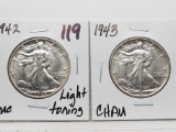 2 Walking Liberty Half $: 1942 Unc light toning, 1943 CH AU