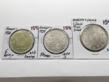 3 Silver World Coins: 2 Hungary 5 Pengo .640S (1930 ?toning, 1939); Muscat & Oman 1 Saidi Rial-Said