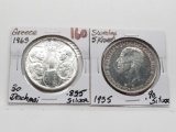 2 Silver World Coins: 1963 Greece 30 Drachmai, .835S; 1935 Sweden 5 Kroner, .90S
