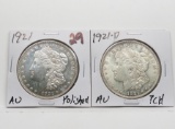 2 Morgan $: 1921 AU ?polished, 1921D AU ?cleaned