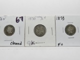 3 Nickel Three Cent Pieces: 1865 VG cleaned, 1870 G/AG, 1873 F+