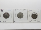 3 Shield Nickels:1868 G dark, 1869 G, 1872 G ?corrosion