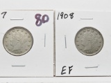 2 Liberty V Nickels: 1907 EF, 1908 EF