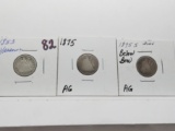 3 Seated Liberty Dimes: 1853 AR G, 1875 AG, 1875S below bow AG